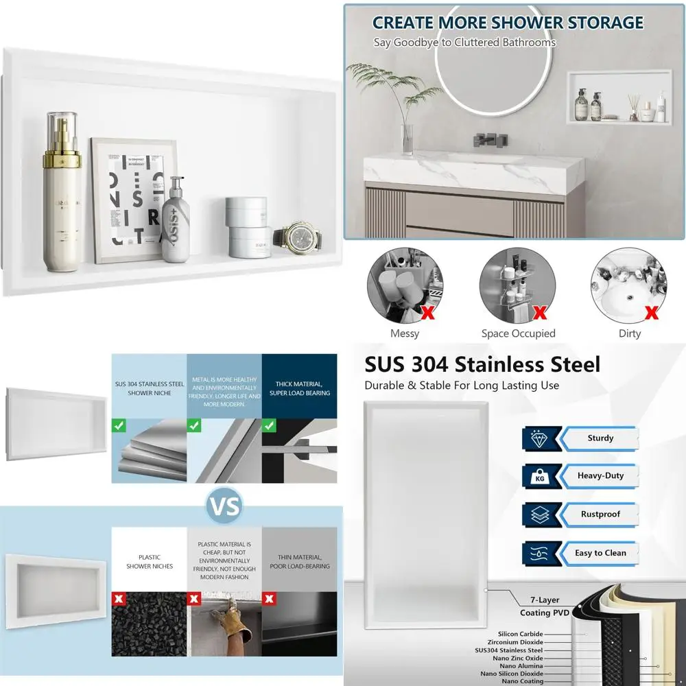 

White 24 x 12 Recessed Shower Niche for Storage, No Tile Required, 304 Stainless Steel Bathroom Niche