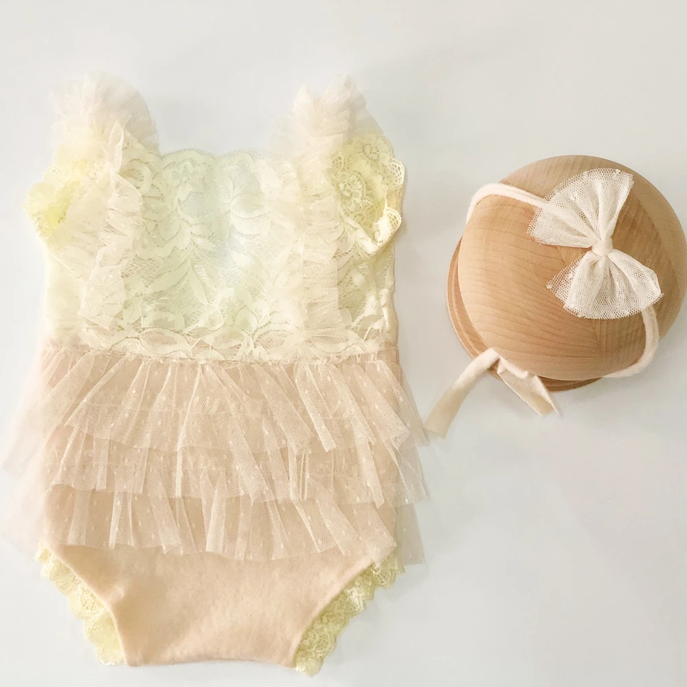 Ruffle Newborn Girl Romper with Lace Trim Headband Baby Photography Props White Infant Lace Dresses Newborn Girl Photo Outfit