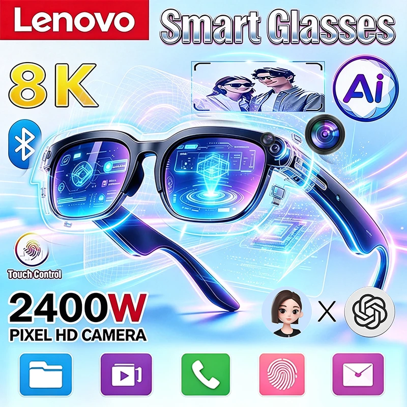 Lenovo New 2400W HD AI Smart Glasses Translation Bluetooth Conversation Recording Listening To Music Men Women Smart Sunglasses