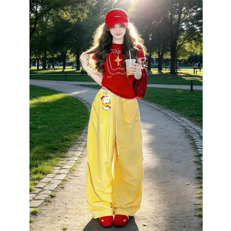 Fashion Two-piece Set Cute Y2K Trendy Red Slim-fit Short-sleeve Women's Summer New Loose-fitting Slimming Versatile Cargo Pants