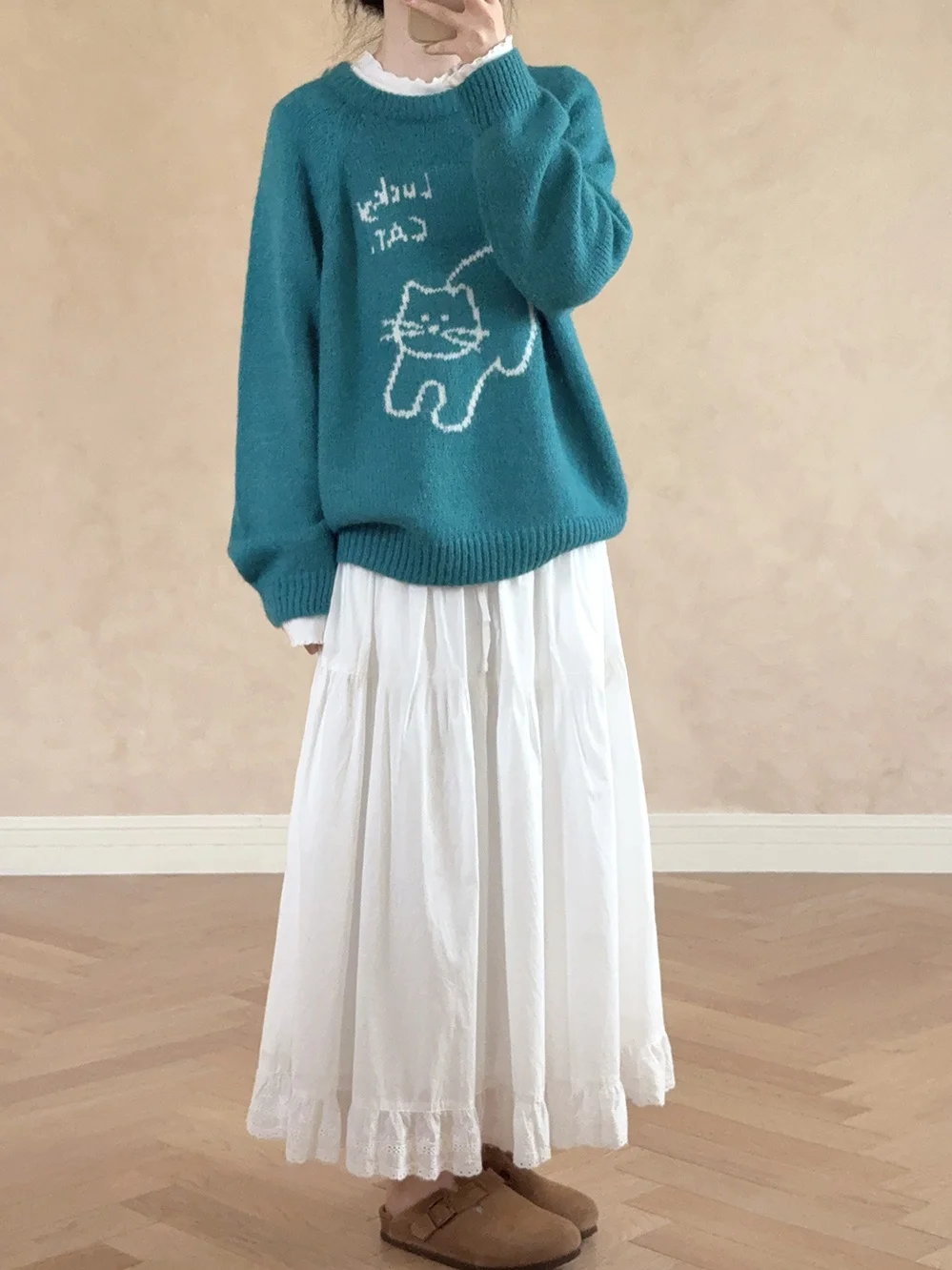 Thiened Blue een  oulder Sve Knitted Woolen Sweater Women's Faion Autumn Winter Warm Long Sve round Ne Swe...