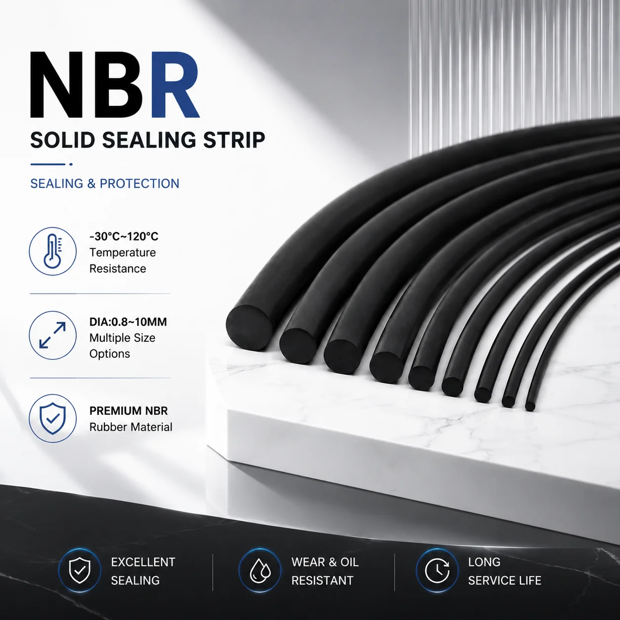 1/2/3/5/10M Black NBR Solid Seal Strip Dia 0.8-10mm High Temperature Oil Resistant Solid Round Sealing Rope