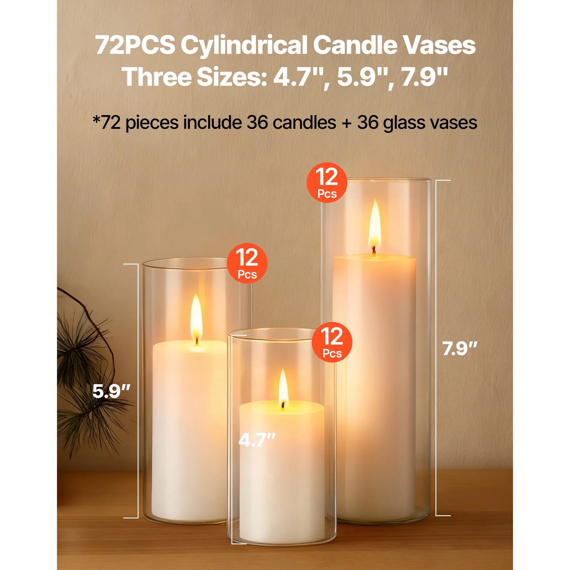 SucceBuy Pillar Candles and Glass Vases Set 24-120pcs Clear Cylinder Hurricane Candle Holders for Wedding Centerpieces Tall Vase