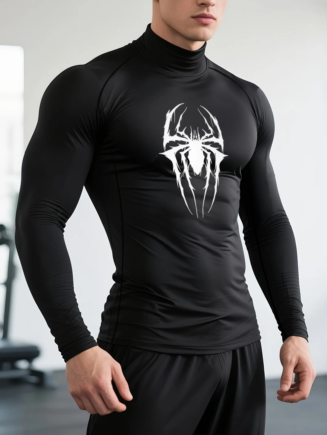 Chemise de sport à col montant pour hommes, 1 pièce, imprimé grande araignée, serré, manches longues, entraînement de gymnastique, haut d'entraînement lisse et extensible