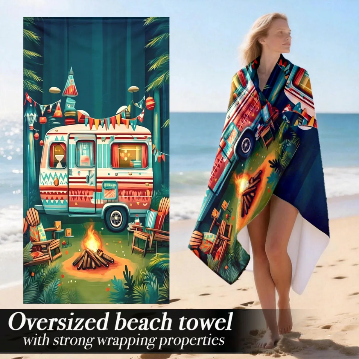 Vintage Campsite Oversized Beach Towel Patterned Sunscreen And Windproof Suitable For Swimming Pool Camping Travel Blanket