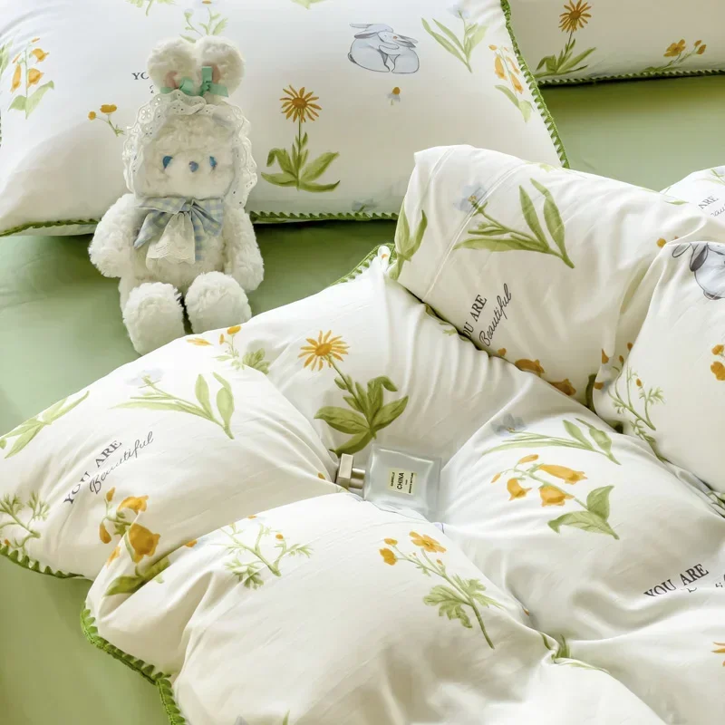 Pastoral Girls Flower Bedding Sets, Washed Cotton Bed Linens, Soft Quilt Cover Sheet Set, Simple Bedspread, Home Textiles