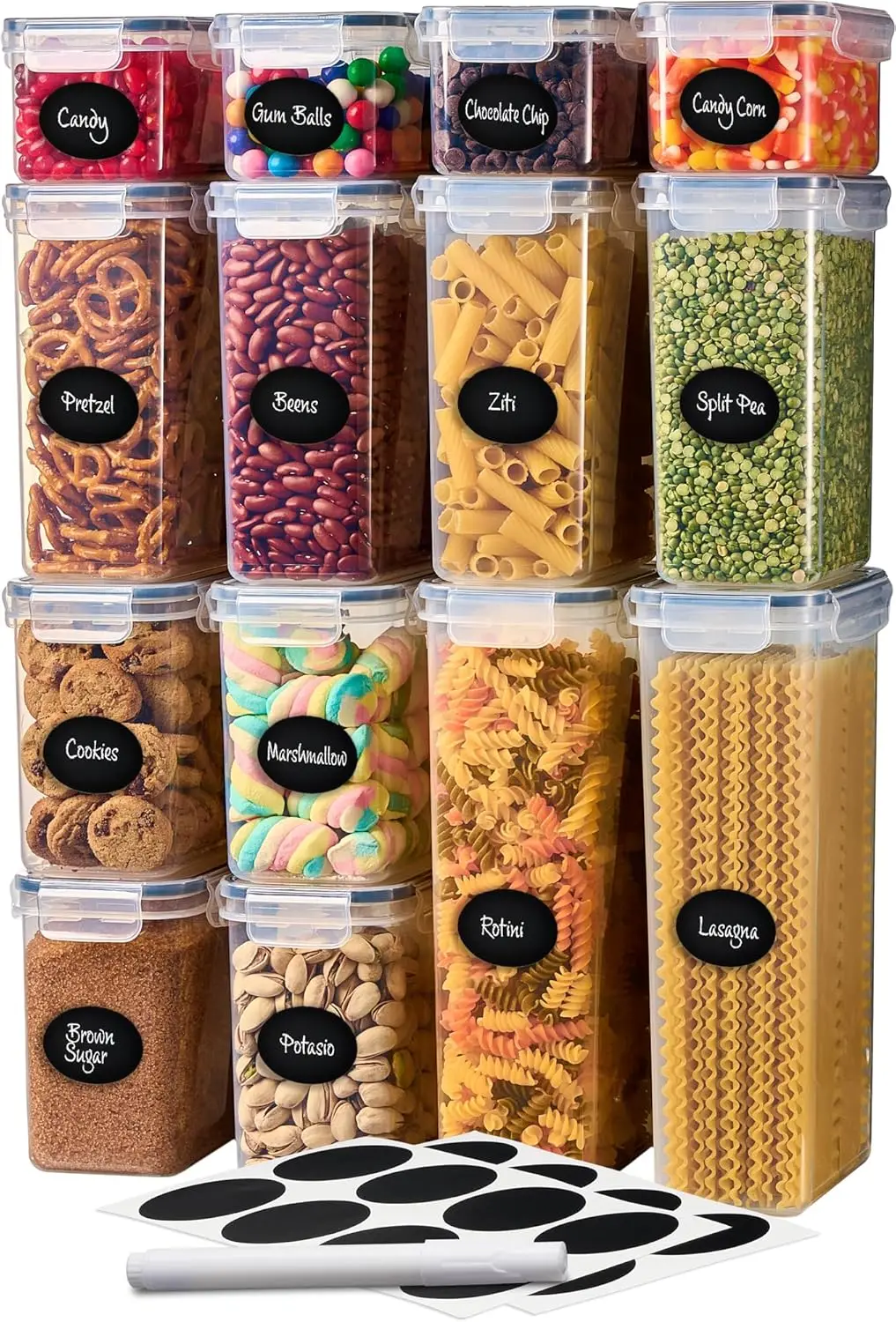 

Набор из 14 герметичных контейнеров для хранения продуктов для организации кладовой — штабелируемые, из пластика без BPA, с крышками и этикетками