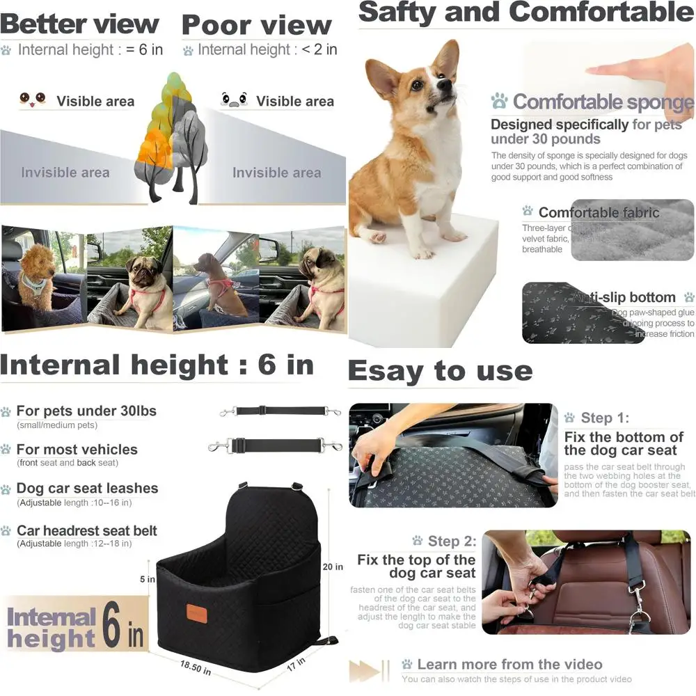 

Pet Car Seat with 6 Interior Height for Dogs 10-30 lbs, Safe & Comfortable, Detachable & Washable, Suitable for Front or Back Se