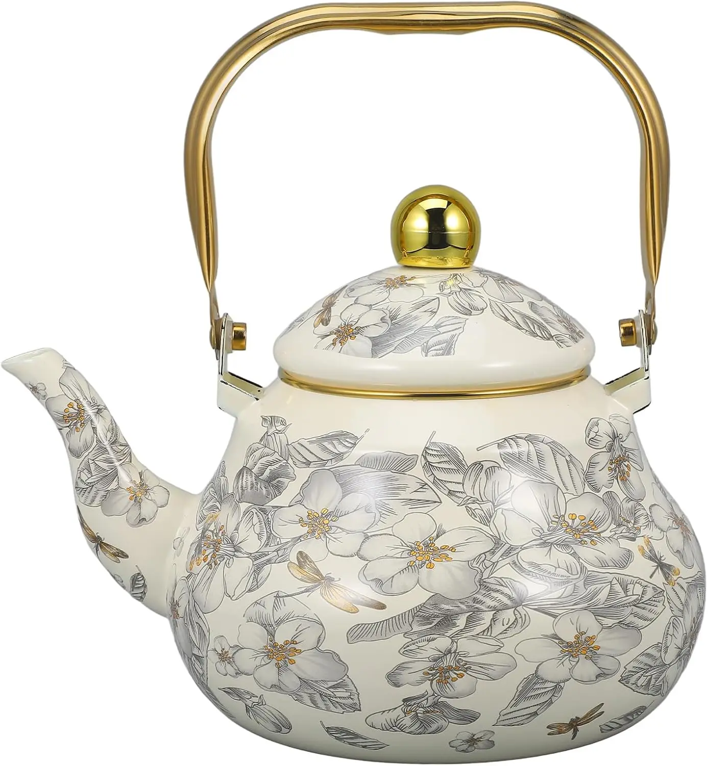 

Vintage Enamel Tea Kettle, Floral Enamel on Steel Teapot 2L Stovetop Ceramic Teakettle Retro Classic Water Boiler with Cool Hand