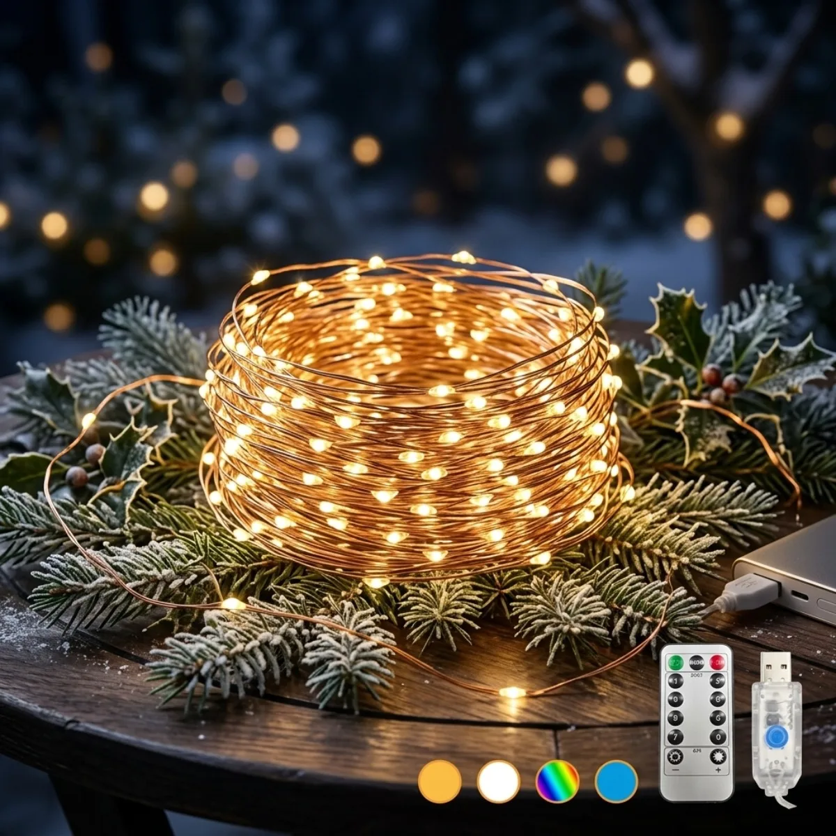 LED Remote-Control Fairy Lights, LED Christmas Copper Wire Lights, USB Powered, 8 Modes, Party and Christmas Decoration