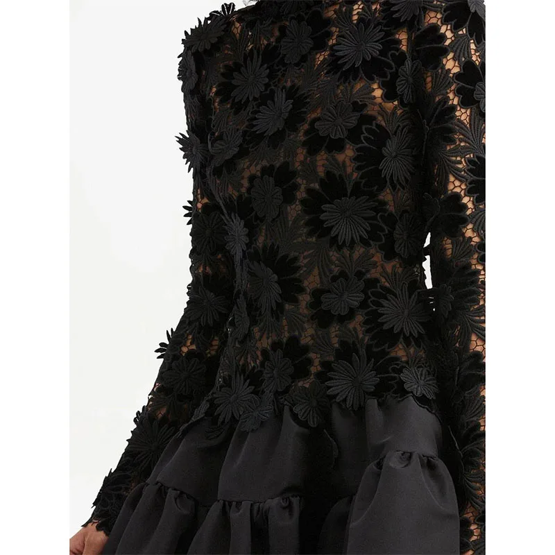 Vestidos de Fiesta florales de manga larga con cuello alto a la moda, línea A, negro, 3D, encaje, vestido de noche de fiesta, espalda abierta, vestidos de cóctel