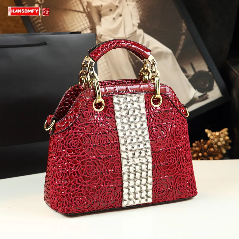 

Luxury Fashion Diamonds Handbag Women Bag Leather Crocodile Pattern Female Handbags Shoulder Slung Rhinestone Flowers Lace Soft