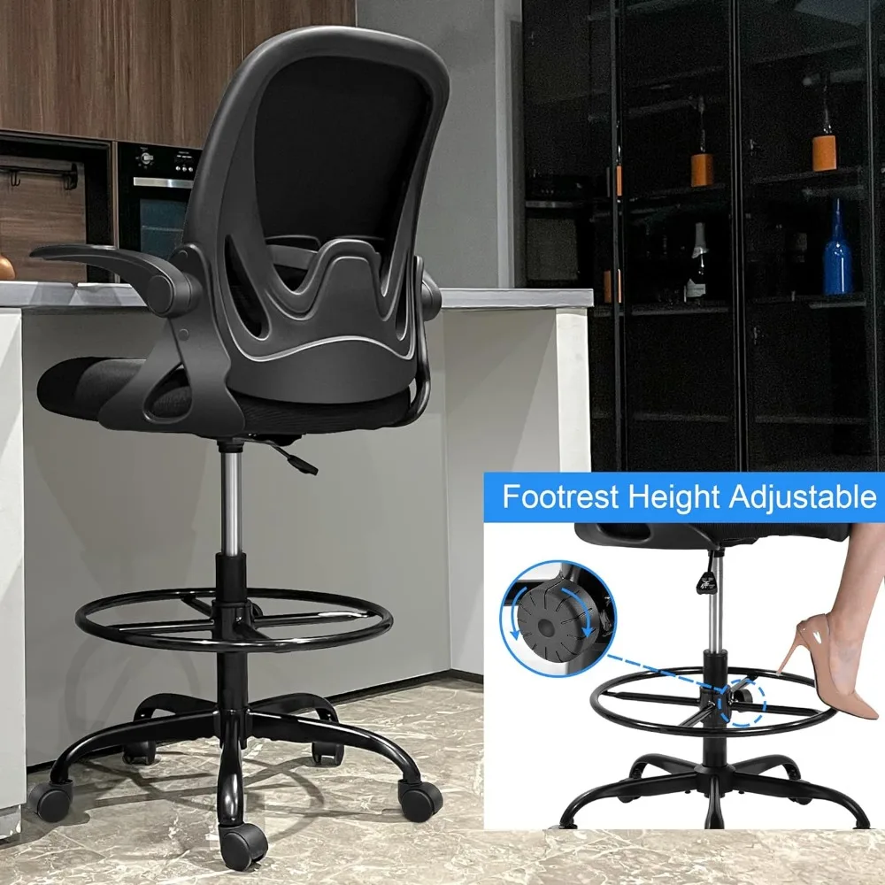 Zeichenstuhl, hoher Bürostuhl mit hochklappbaren Armlehnen, ergonomischer Executive-Computer-Stehschreibtischstuhl