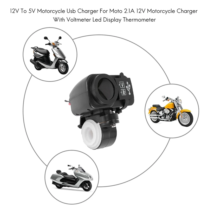 2X 12V To 5V Motorcycle USB Charger For Moto 2.1A 12V Motorcycle Charger With Voltmeter LED Display Thermometer