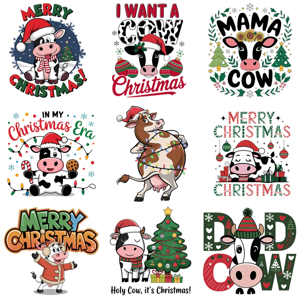 15cm Merry Christmas Cow Colored Lights Animal Iron On Transfer Stickers Diy DTF Heat Transfer Sticker T-shirt Clothes Decals