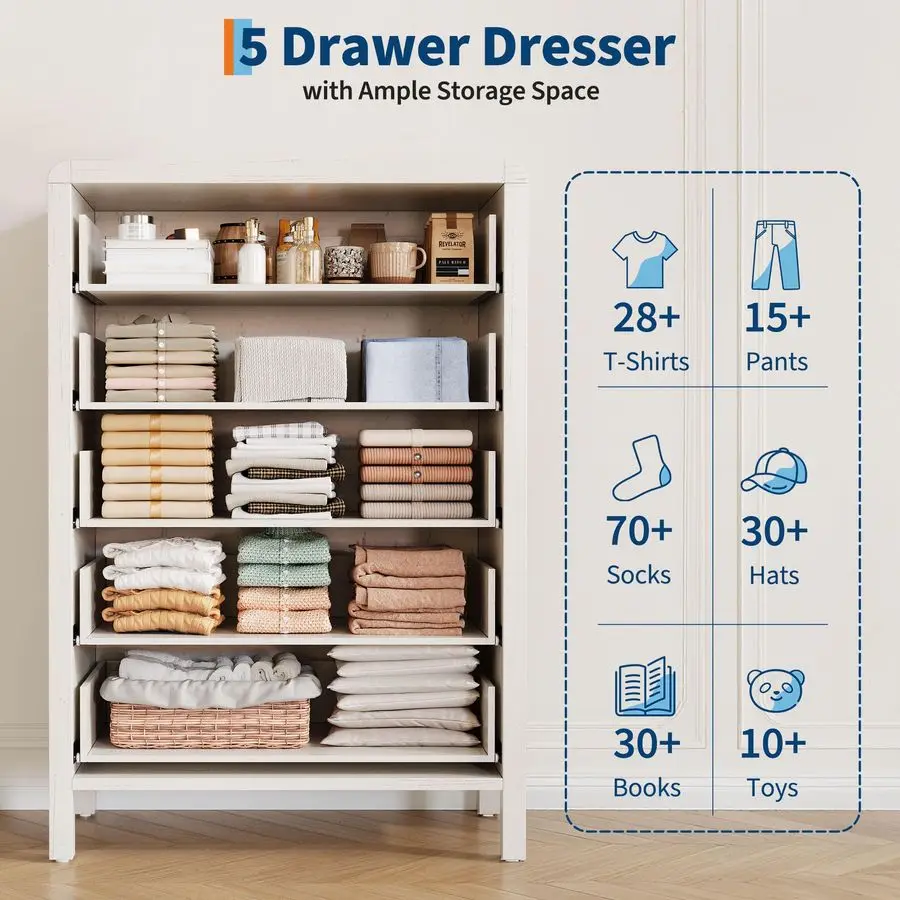 خزانة لغرفة النوم مع 5 أدراج، خزانة ذات أدراج بيضاء مع مساحة تخزين، منضدة طويلة بمقابض معدنية، طاولة جانبية، Acc