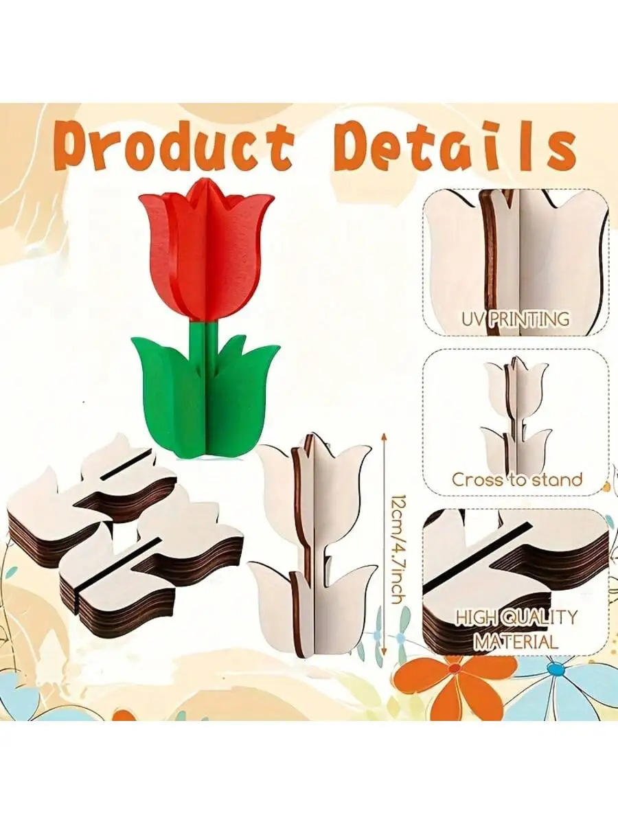 6/12/24 unfinished wooden DIY tulip shape assembly 3D wood pieces painted tulip wooden crafts for Easter Mother's Day Father's D