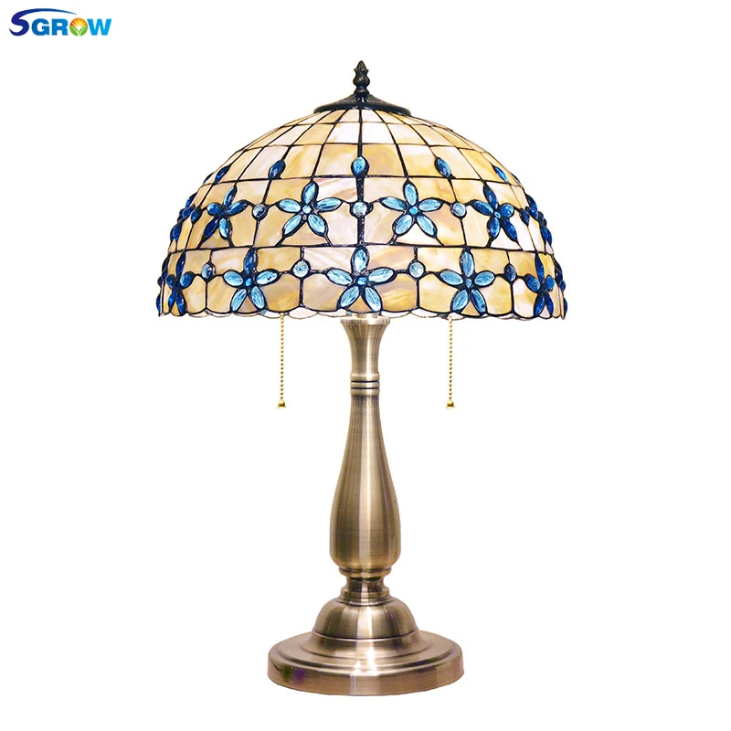 SGROW European Blue Beads Table Lights Lilac Shell Desk Lamp Mediterranean Decoration Light for Bedroom Study Room Lampara