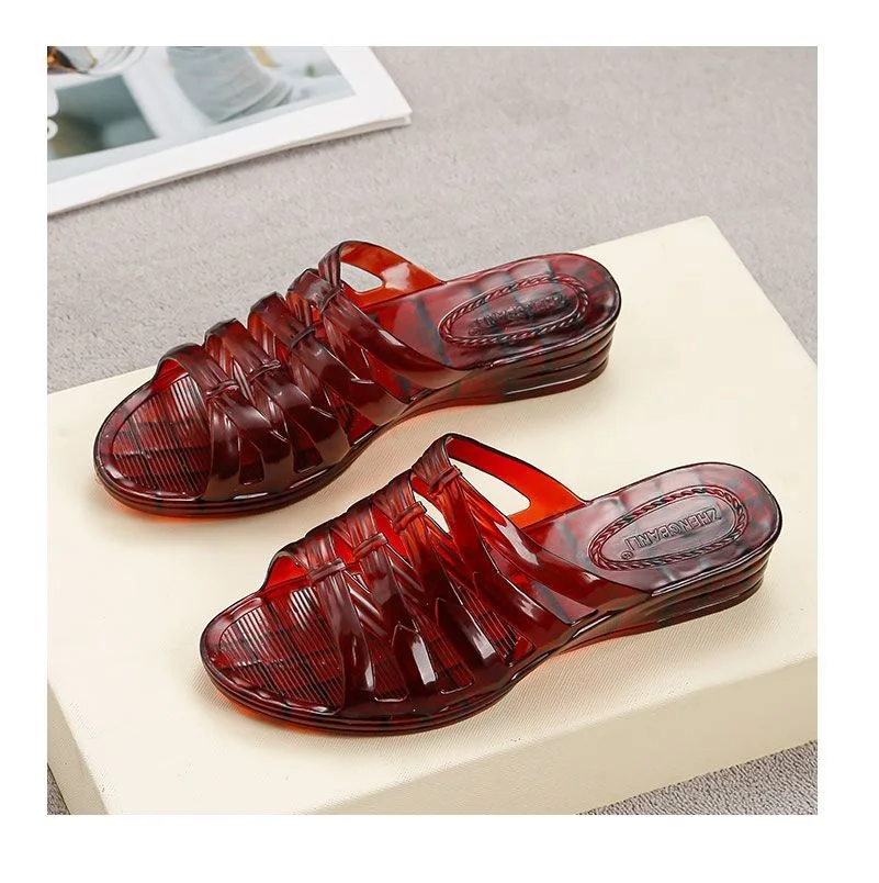 New Low Heel Wedged Women's Sandals Non Slip Jelly Shoes Seaside Vacation Outdoor Transparent Slipper Woman Glitter Clear Sandal