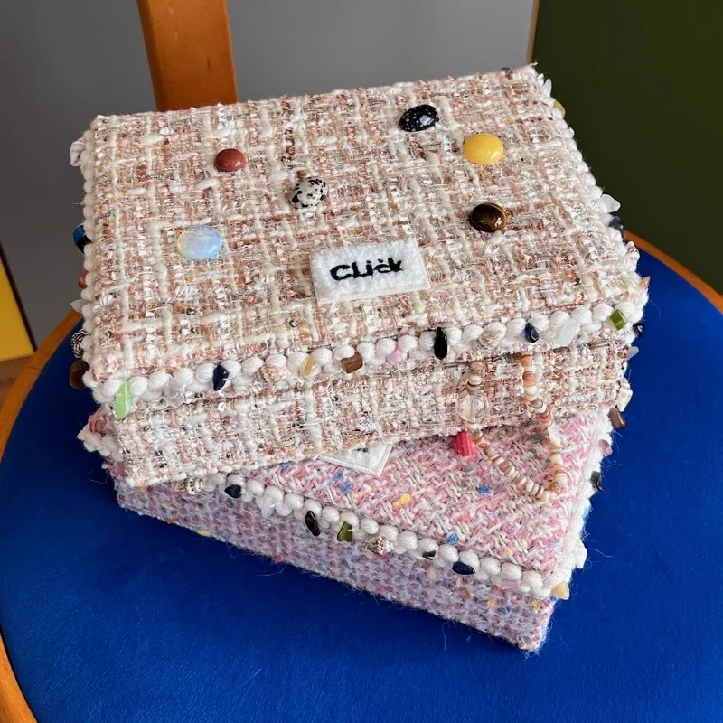 Light Luxury Jewelry Box with Gemstones, Luxury Tweed Ring & Bracelet Organizer with Compartments, Velvet Lined Gift for Women