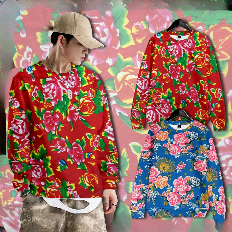 

Chinese Style Northeast Big Flower Oversized Hoodie Women Men O-neck Long Sleeve Crewneck Sweatshirt Vintage Casual Tracksuit