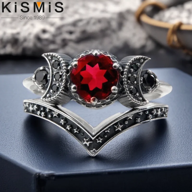 2Pcs Triple Moon Goddess Rings for Women Fashion Jewelry Boho Hippie Gothic Style Anniversary Gift Adjustable Size 5 to 11