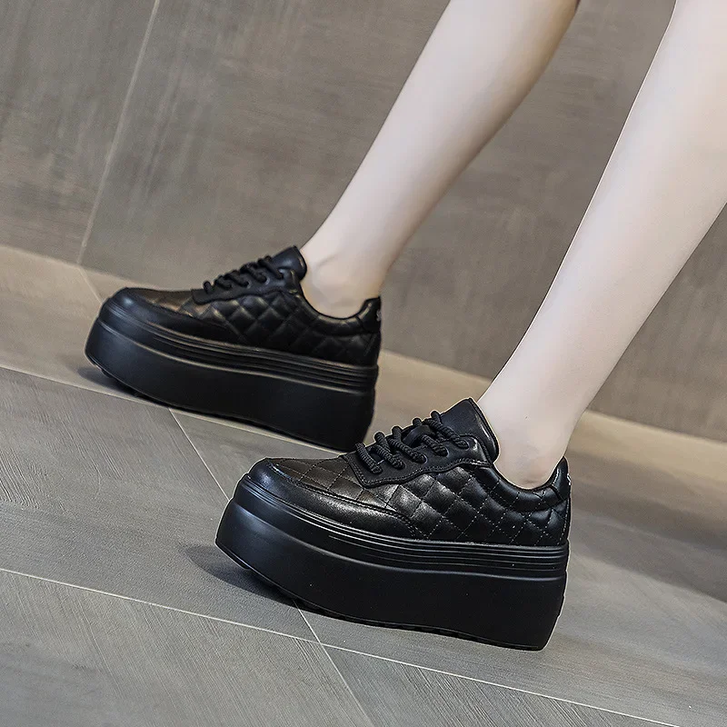 Designer Sewing Genuine Leather 8cm Platform Wedge Ankle Boots Chunky Sneakers Women Comfy Spring Autumn Supportive Pumps Shoes