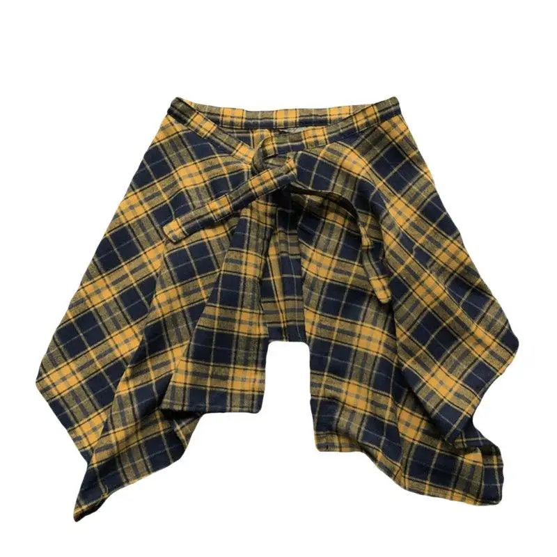Mini-Karo-Rock, Hip-Hop Einteiler mit seitlicher Bindung, asymmetrischer Rock, Y2k Low-Rise Überlappender Jeans-Skater-Minirock – Detail 7