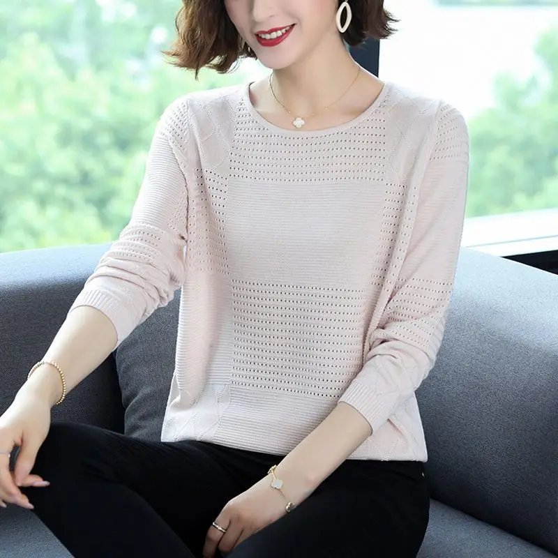 Autumn Winter Round Neck Elegant Vintage Knitted Sweater for Women 2023 New Solid Color All-match Long Sleeve Hollow Out Blouse