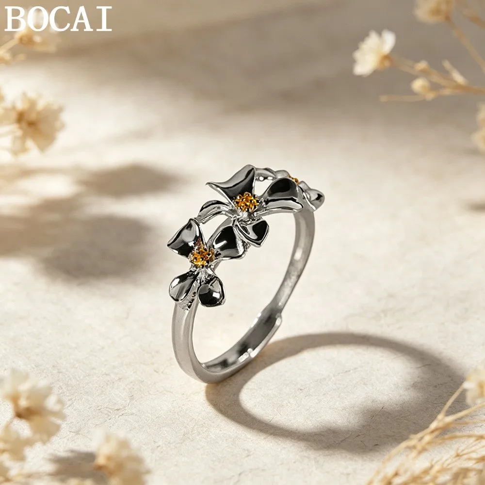 BOCAI New S925 Sterling Silver Jewelry Fashionable And Niche Gardenia Engagement Ring Women's Selected Gift
