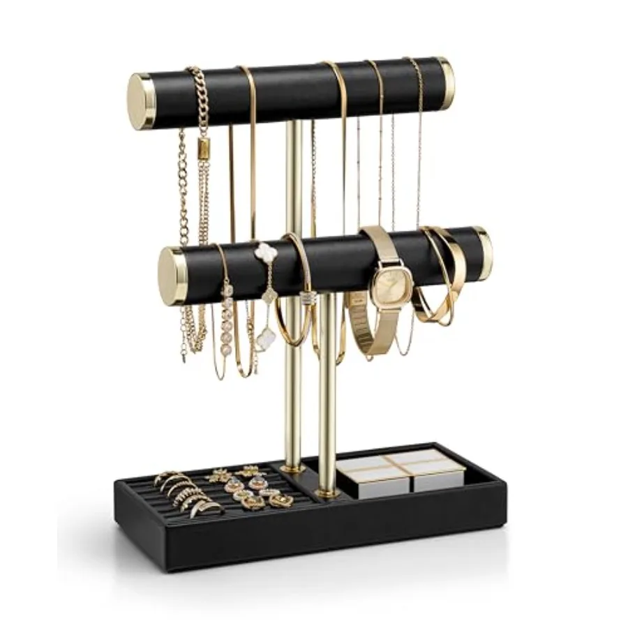 

2 Tier Bracelet Holder Organizer with Tray - Leather Jewelry Stand Organizer for Women - Jewelry Holder Display for Necklace Wa