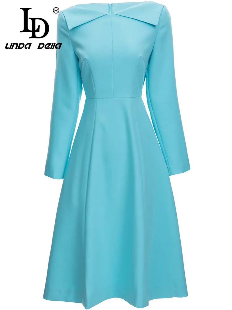 

LD LINDA DELLA Designer Fashion Autumn Dress Women's Long sleeve High waist Casual Midi Blue Dresses