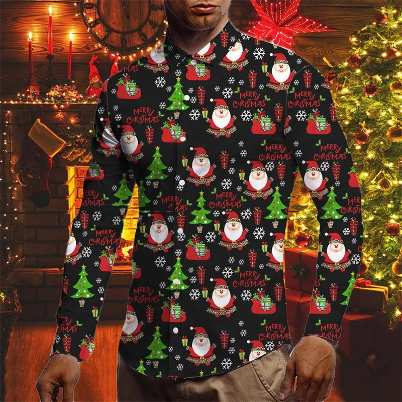 Christmas Decoration Pattern Hawaiian Shirts For Men Santa Claus Reindeer 3D Print Blouse Casual Loose Aloha Shirts Long Sleeves