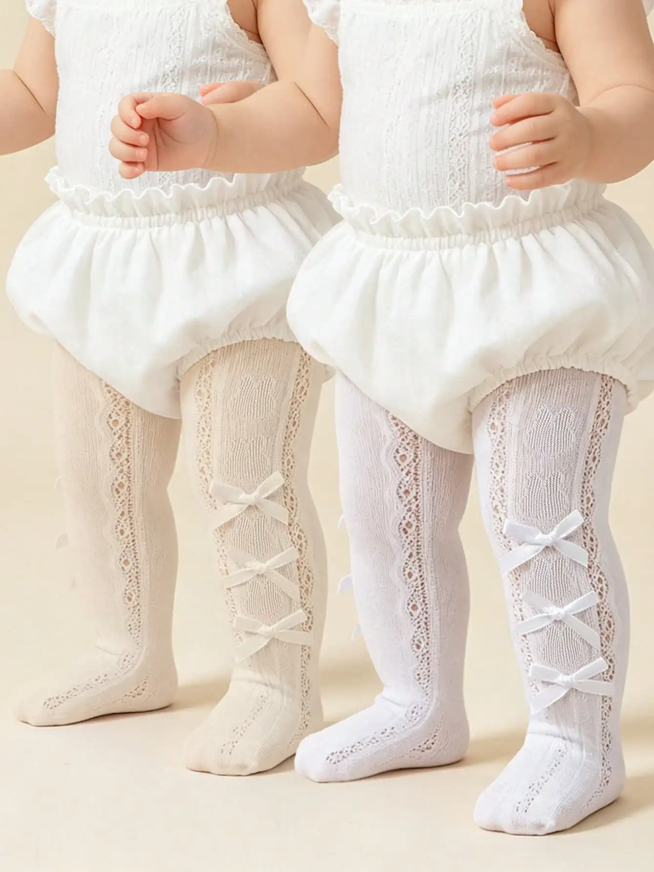 2Pcs Baby Girls Hollow Lace Tights 3 Side Satin Bow Decor Breathable Lolita Kids Dress Matching Pantyhose Leggings For 1-11Y
