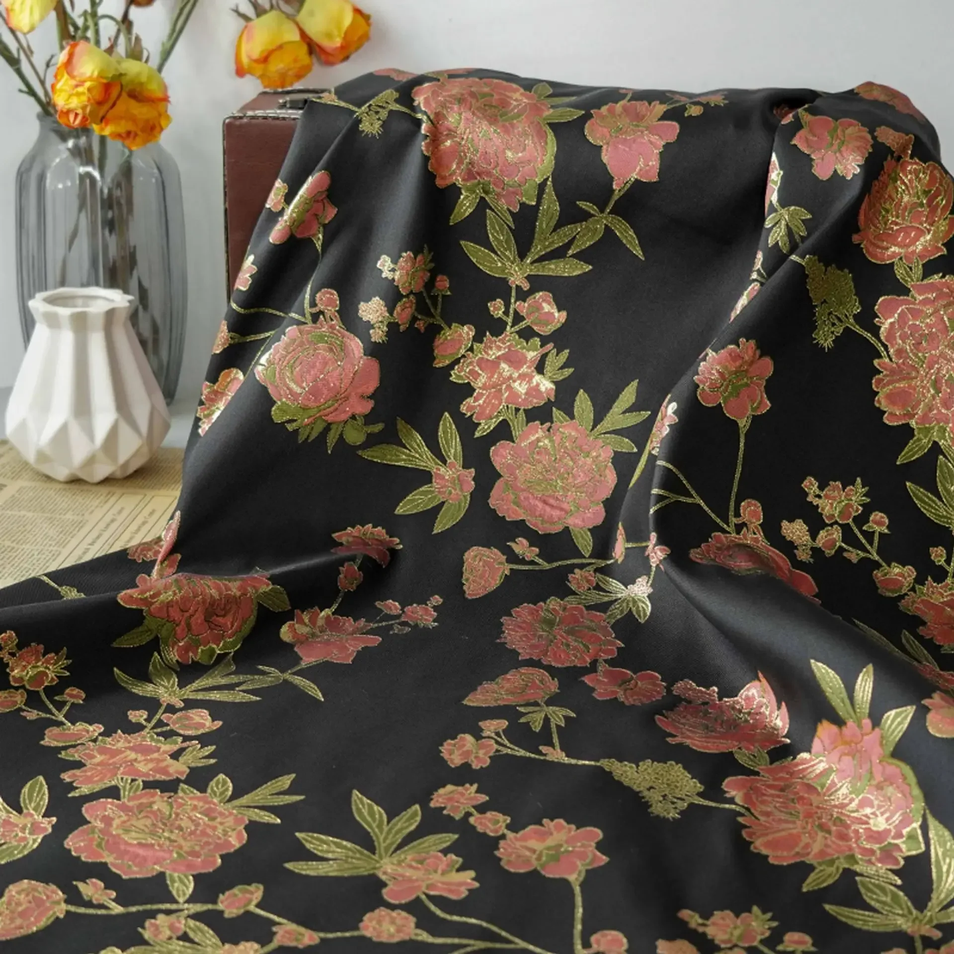 

Gold Silk Flower Jacquard Fabric Elegant Women's Dress Cheongsam Top Decorative Sewing Fabric