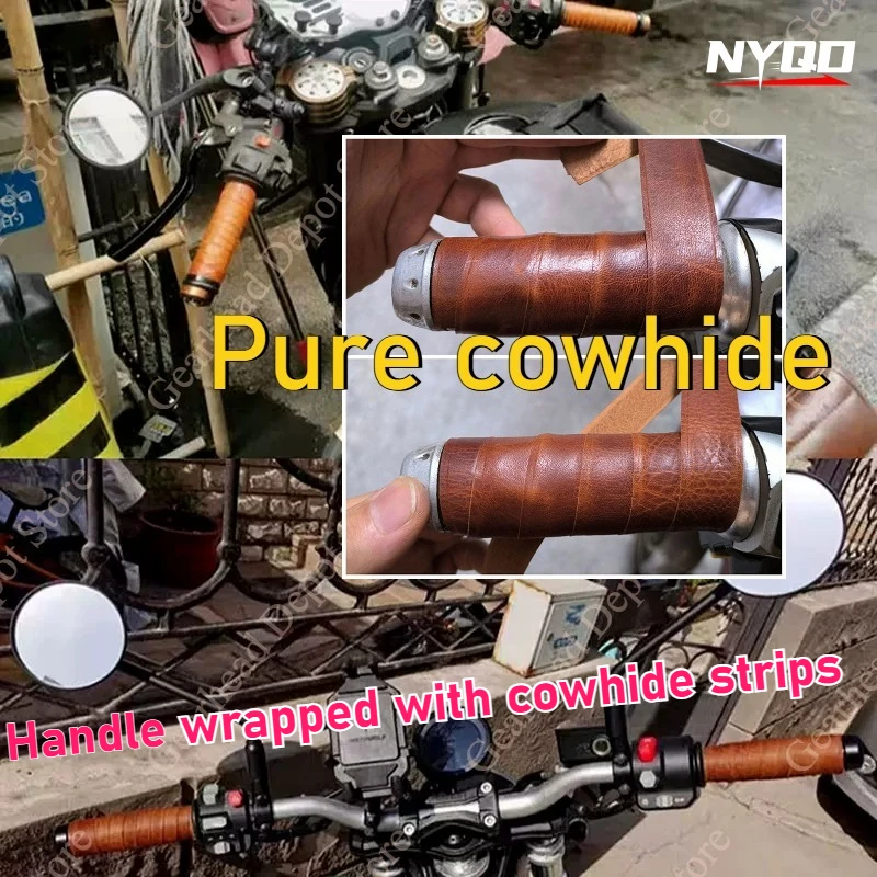 Genuine Cowhide Handlebar Wrap Tape Retro Modified Motorcycle Scooter E-bike Hand Grip Leather Strap Anti Slip Riding Accessory