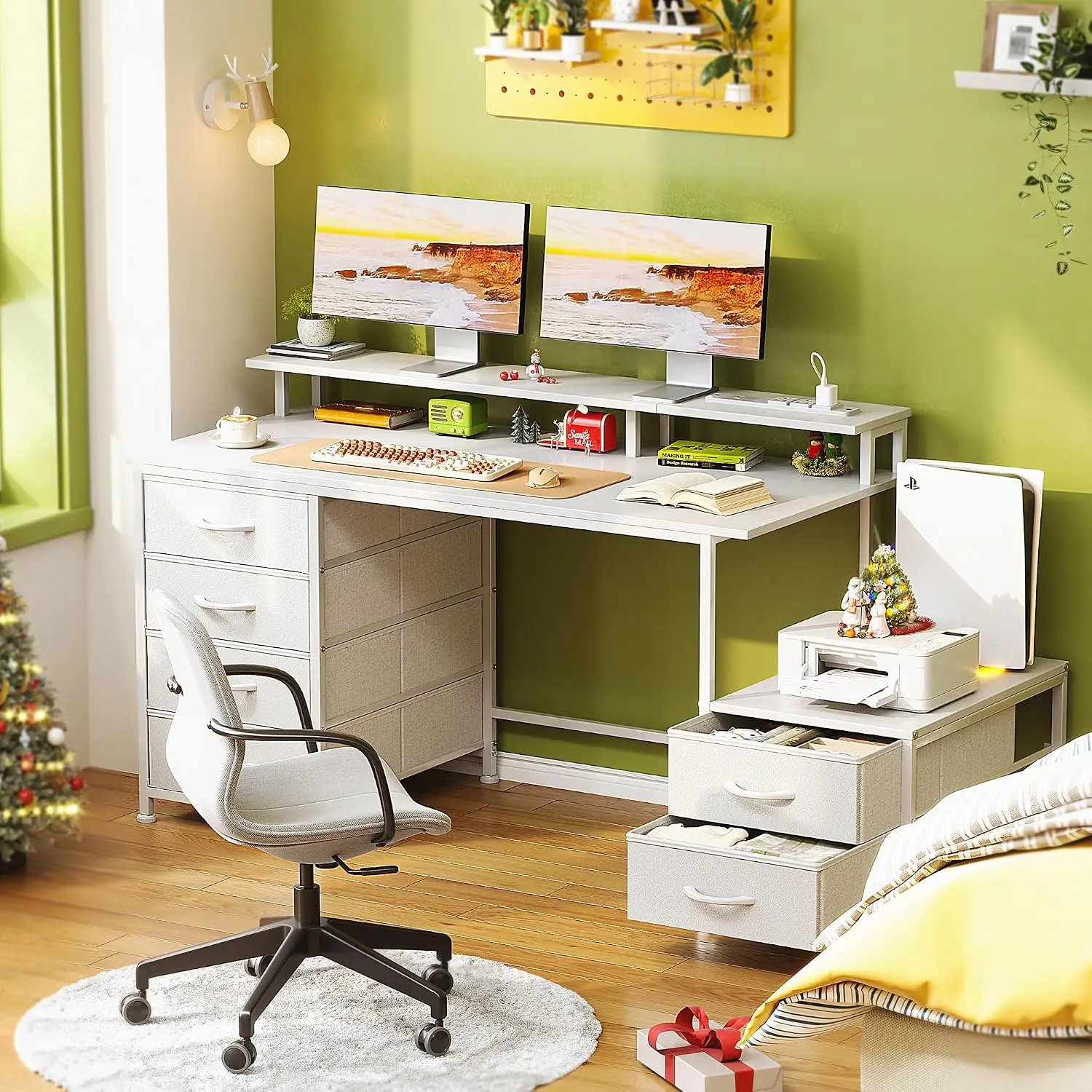 52 Inch Office Desk with 6 Drawers and Printer Space for Storage, Reversible Computer Desk with Monitor Stand & Power Outlets, H