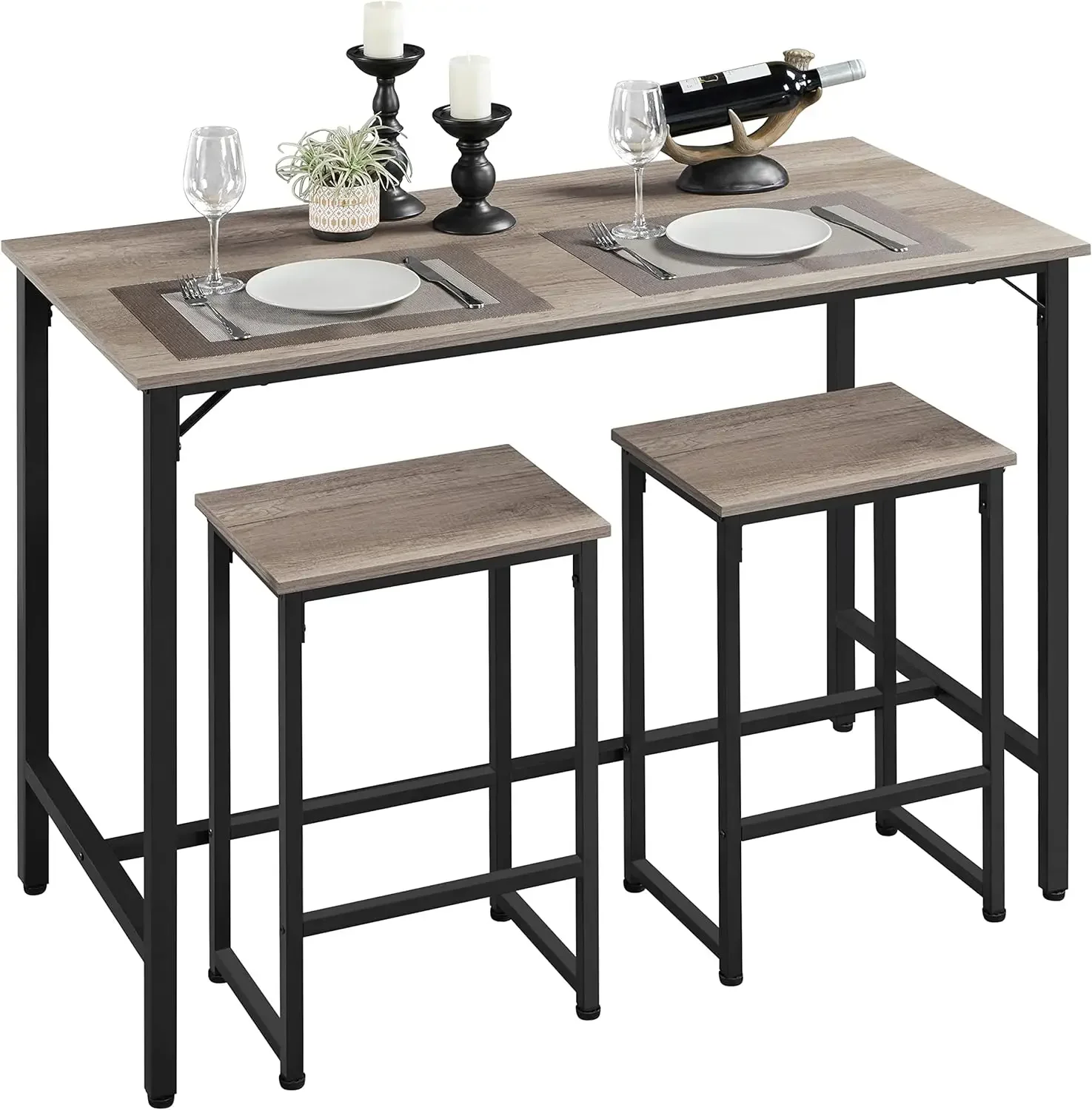 3 Piece Dining Table Set, 47.5" Industrial Bar Table Set, Counter Height Kitchen Table with Bar Stools Set of 2, Kitch