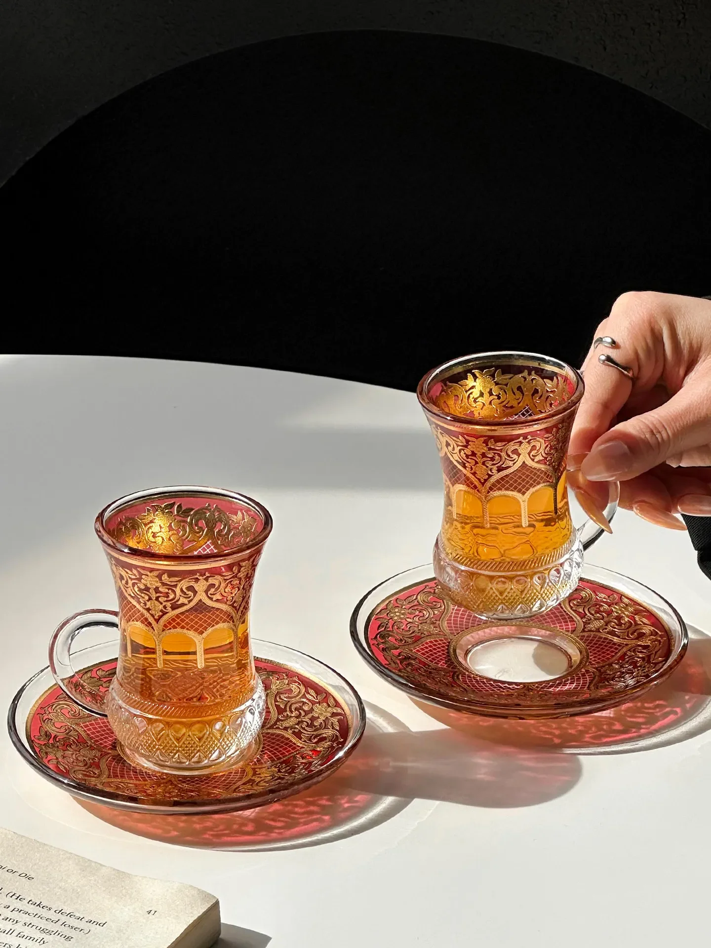 Vintage coffee cup, romantic exotic style, black tea cup, afternoon tea, exquisite flower tea cup