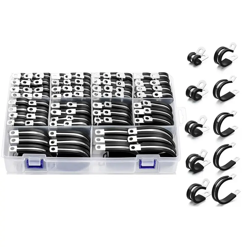 [NOUVEAU! A08R] Serre-câbles - 112 pièces, 10 tailles - Kit d'assortiment de serre-tuyaux en acier inoxydable, serre-câbles isolés avec coussin en caoutchouc