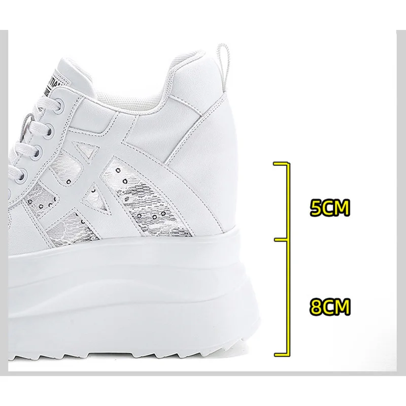 13cm Height Increasing Shoes Women Genuine Leather Chunky Sneakers Ladies Platform Breathable Mesh Casual Shoes Black White D990