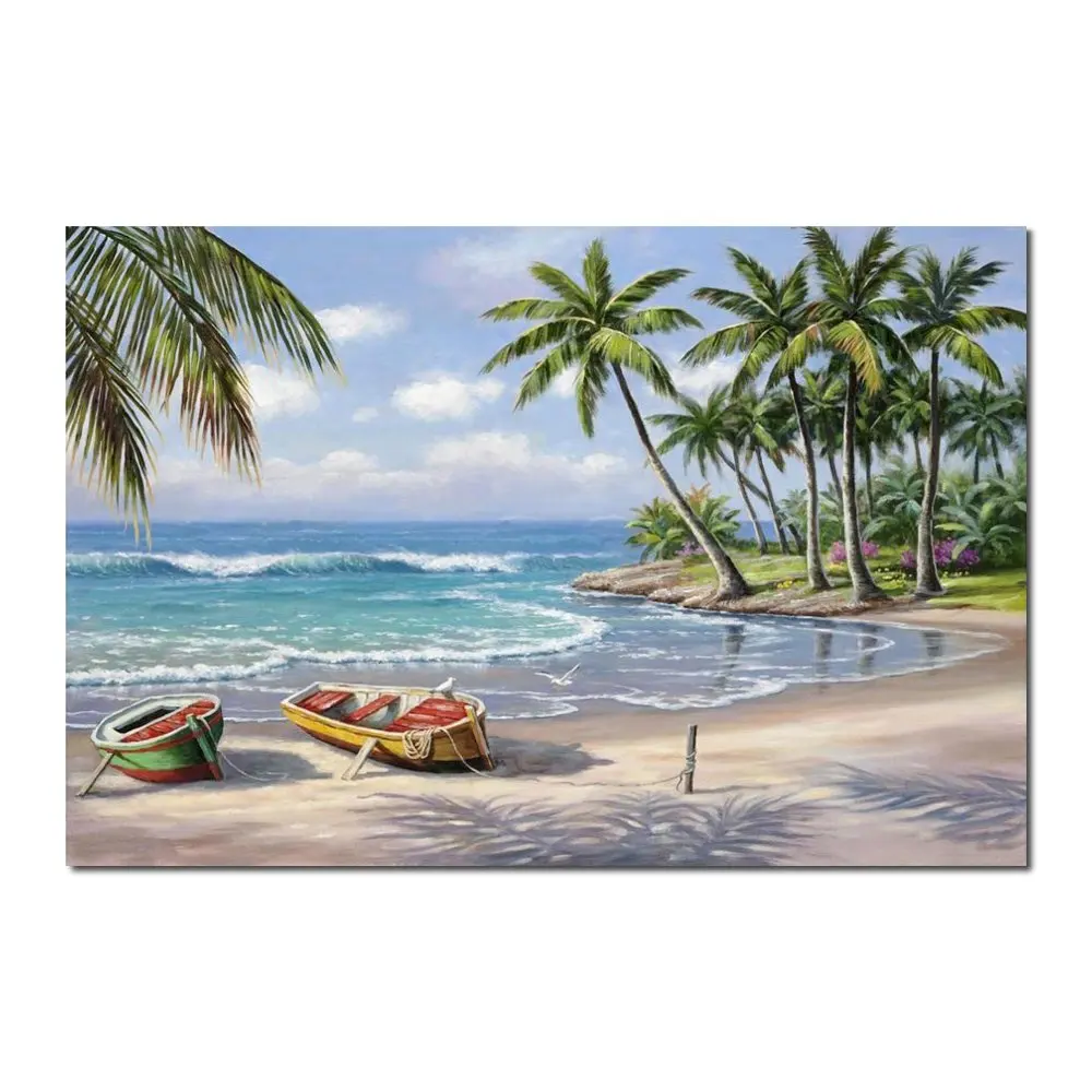 

Beach Canvas Wall Art Tropical Bay Palm Hand Painted Contemporary Oil Painting Beautiful Seascapes Artwork Living Room Decor