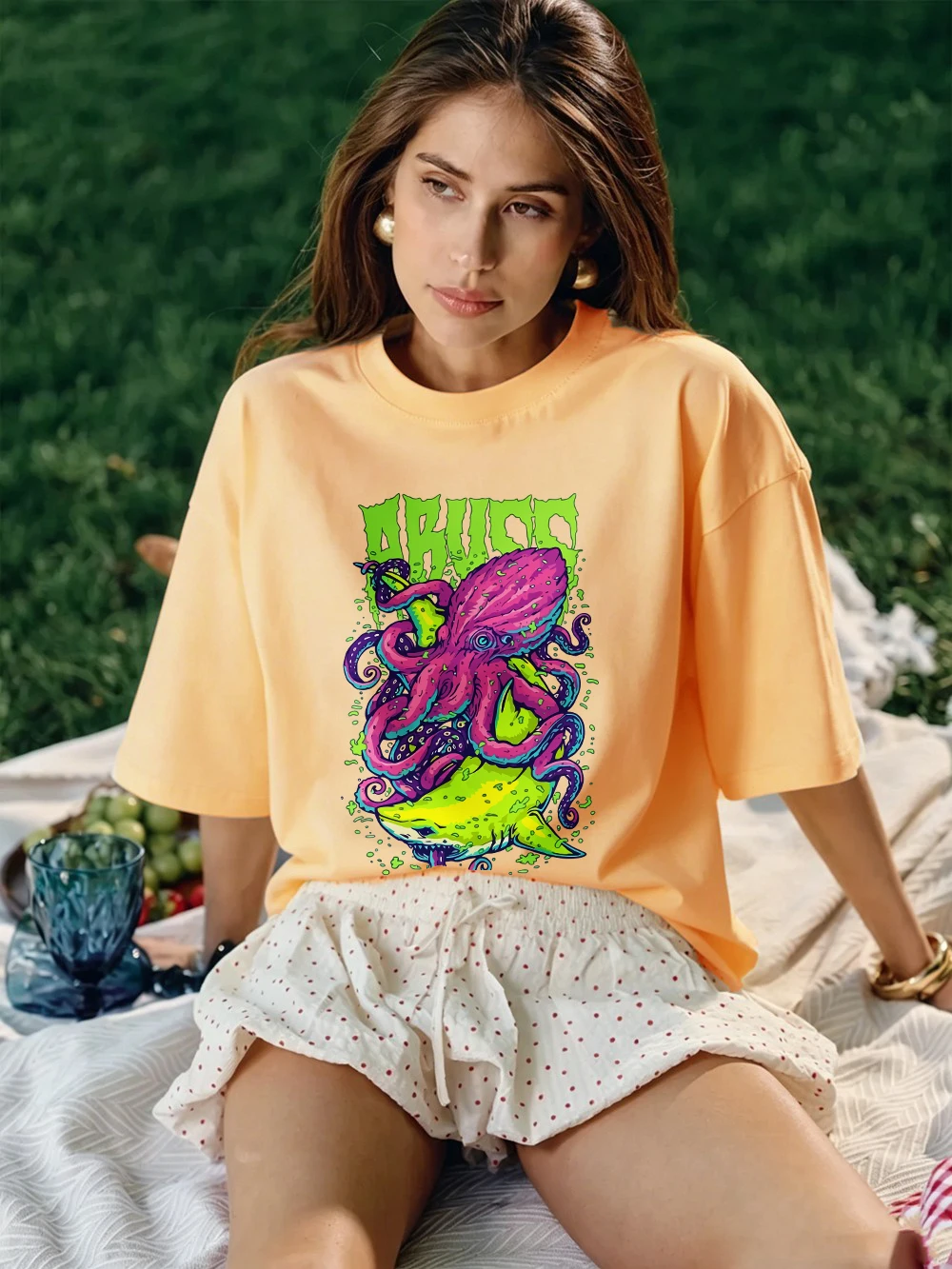 Abuzz Lila Tintenfisch Bedruckte T-Shirts Baumwolle Damen Sommer Kurzarm T-Shirts Weiche Basic Oversized Tops Lässige O-Neck Kleidung – Detail 19