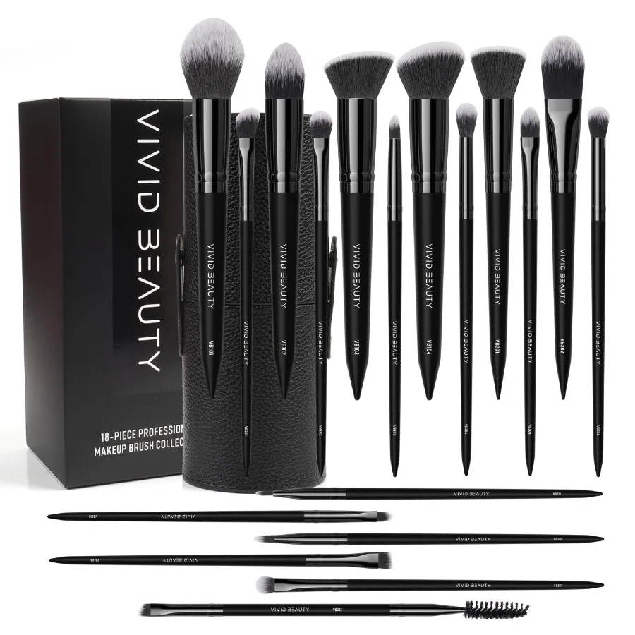 

18pcs Makeup Brush Set with Case Dense Synthetic Fiber Premium Metal Ferrule Wood Handle Brushes Includes Powder Foundation Blu