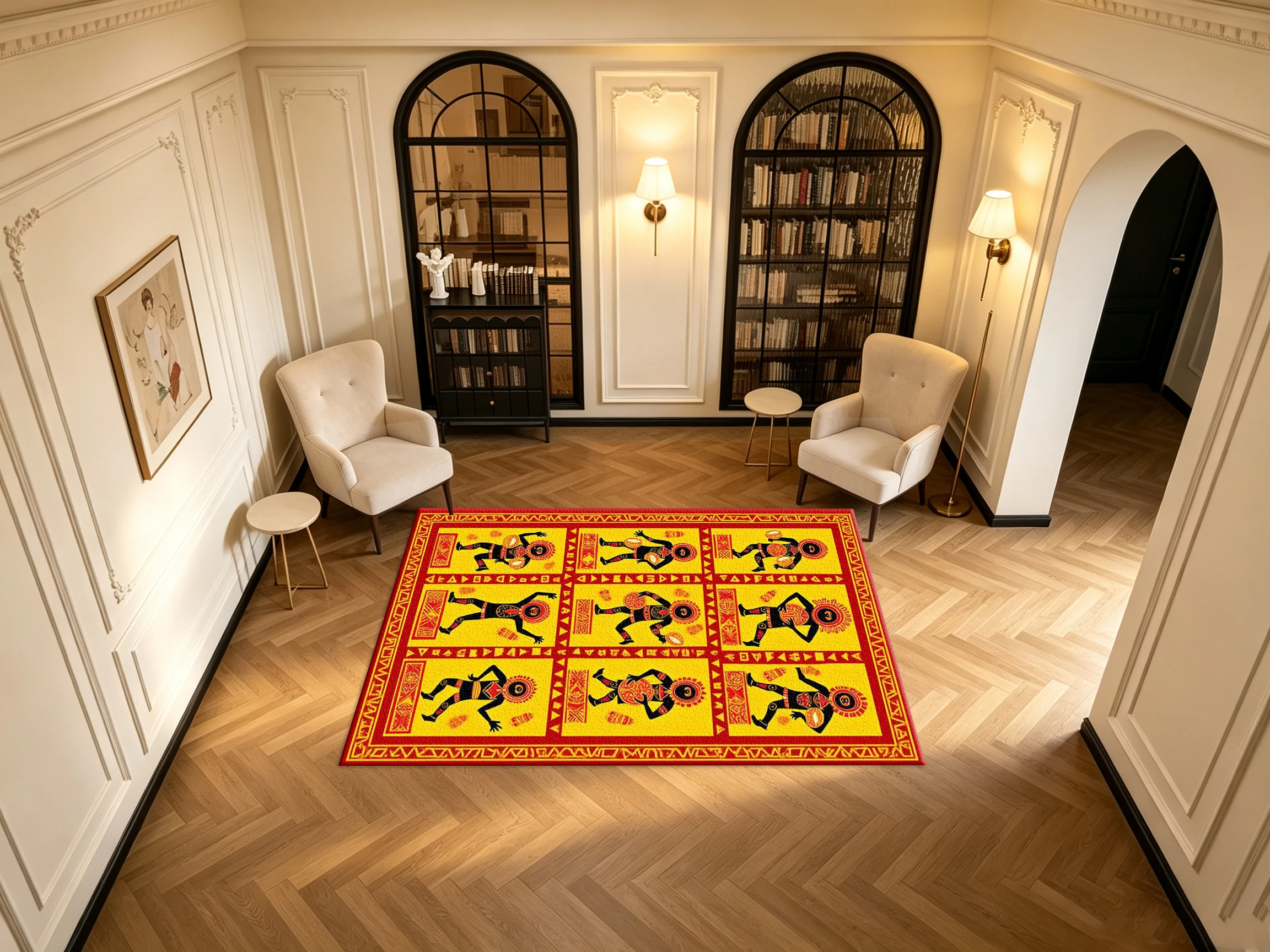 African Tribal Dancing Figure Red Yellow Ethnic Art Carpet Flooring Vintage Cultural Pattern Printed Square Area Rug for Home Interior Decoration