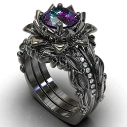 Exquisite Black Color Flower Hollow Rings for Women Round Blue Purple Pink Stone Rings Set Jewelry Party Gift