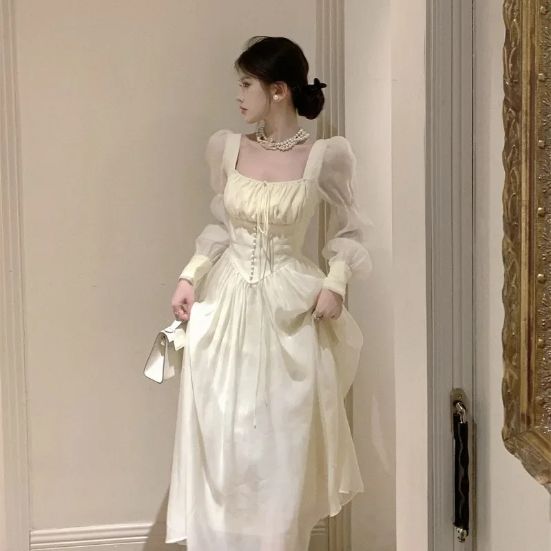 

Elegant Princess Party Dress Women High Waist A-line Lace Up Autumn Spring French Vintage Prom Robe Fairy Vestidos Mujer Платье