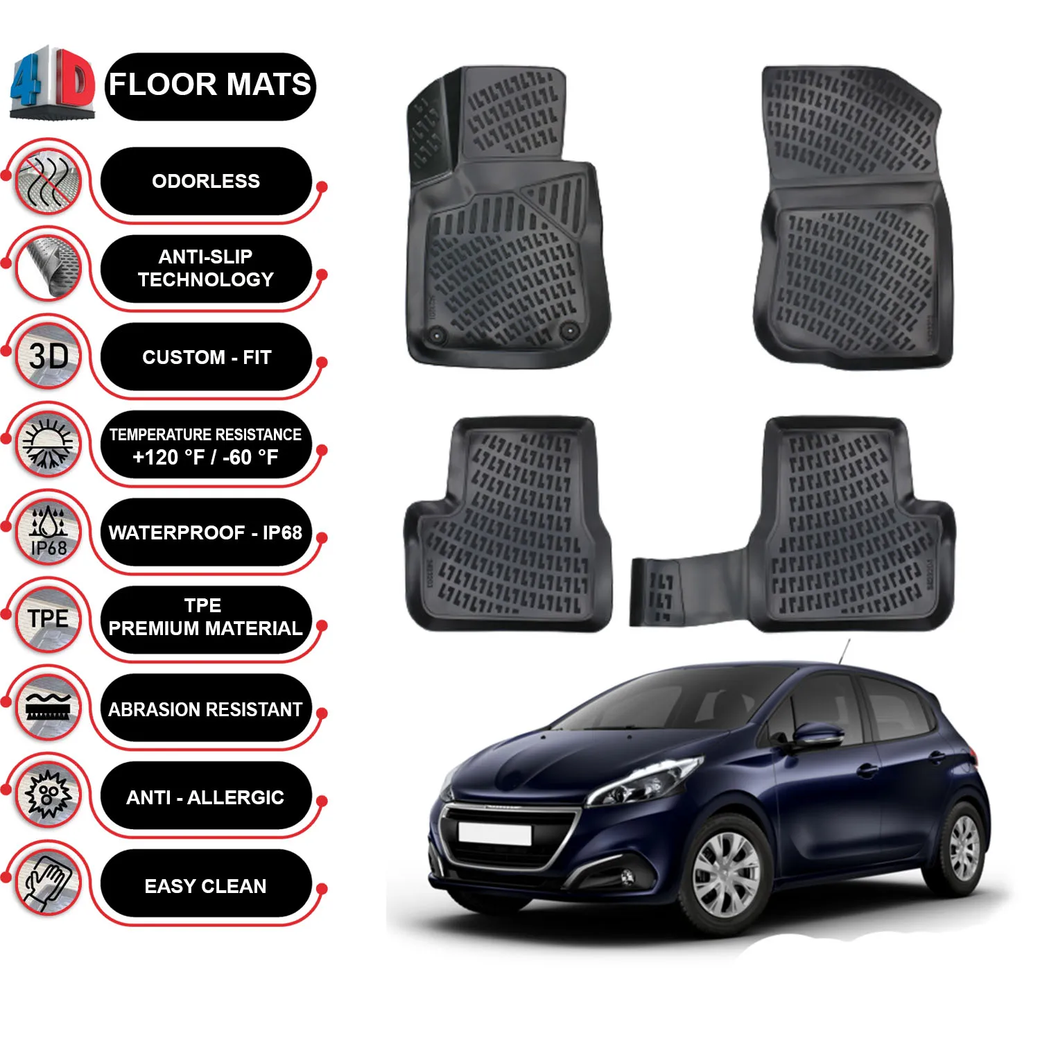 Peugeot 208 - (2012 – 2019) tapis de sol revêtement 3D étanche (noir)