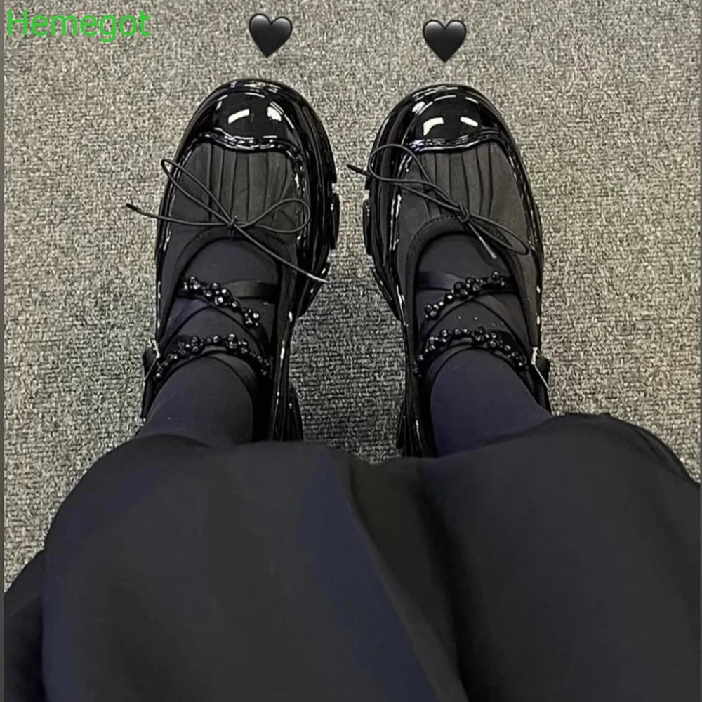 

Pearl Cross Tied Mary Janes Round Toe Hollow Thick Sole Ballet Shoes 2024 Spring New Sweet Black/white Buckle Strap Women Shoes