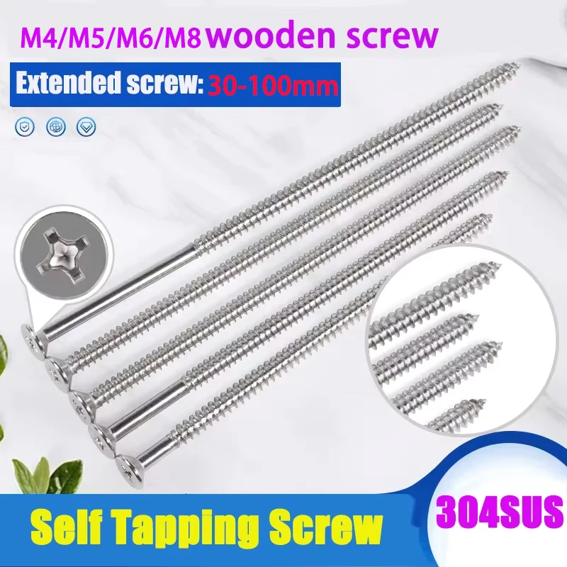 M4/M5/M6/M8 304 Stainless Steel Extended Flat Head Self Tapping Screw Countersunk Screw Switch Socket Wooden Screw L:30-200mm